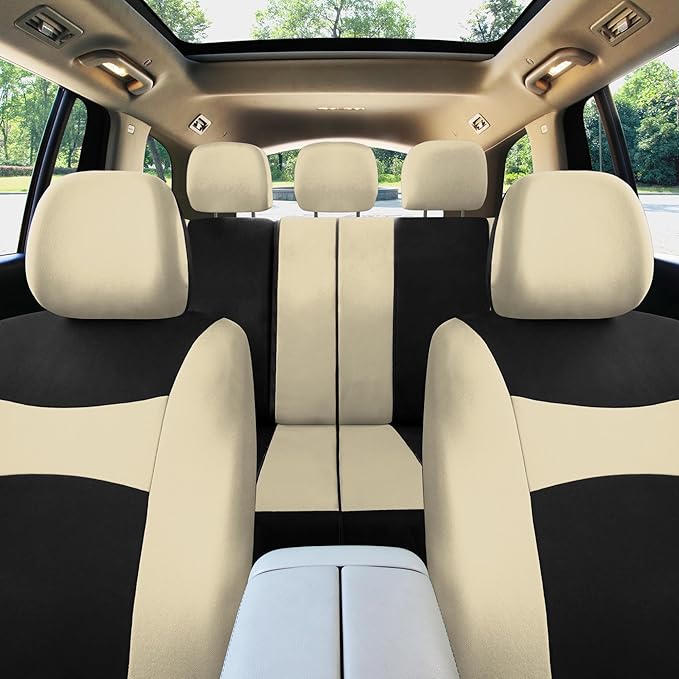 Automotive Seat Covers Beige Black Universal Fit Seat Cover Combo Set with Steering Wheel Cover and Seat Belt Pad (Airbag Com