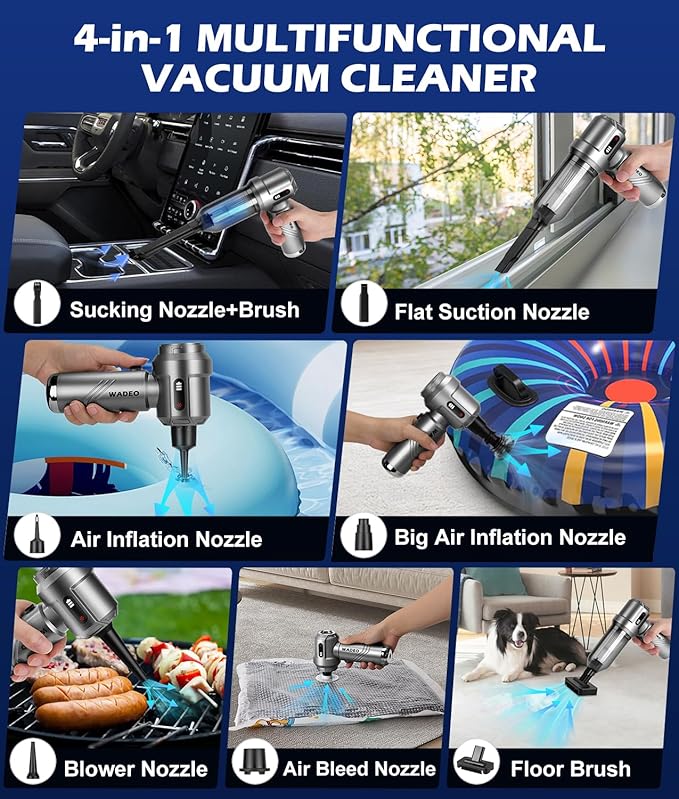 WADEO Car Vacuum Portable Cordless 18000PA, 4-in-1 Handheld Vacuum Cleaner and Air Duster with LED Display & Multi-Nozzles, M