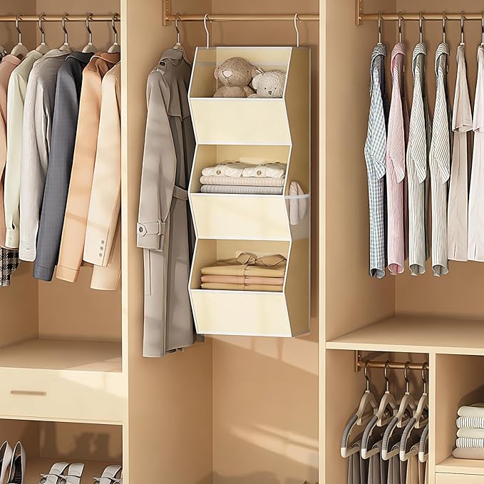 Hanging Closet Organizer 3 Shelf Collapsible Fabric Closet Organizers and Storage Hanging with Mesh Pocket for Clothes, Hangi