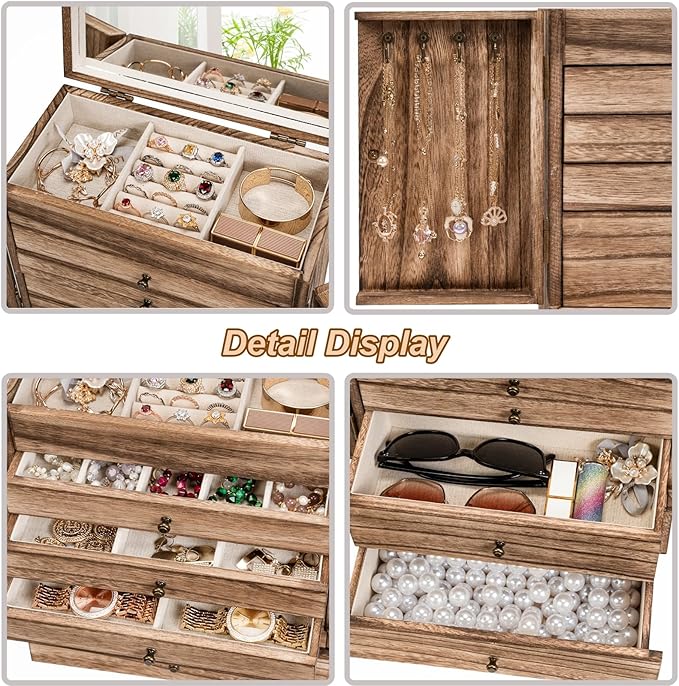 Emfogo Wooden Jewelry Box for Women, 6-Tier Large Jewelry Organizer Boxes with Mirror Rustic Solid Wood jewlery Storage Displ