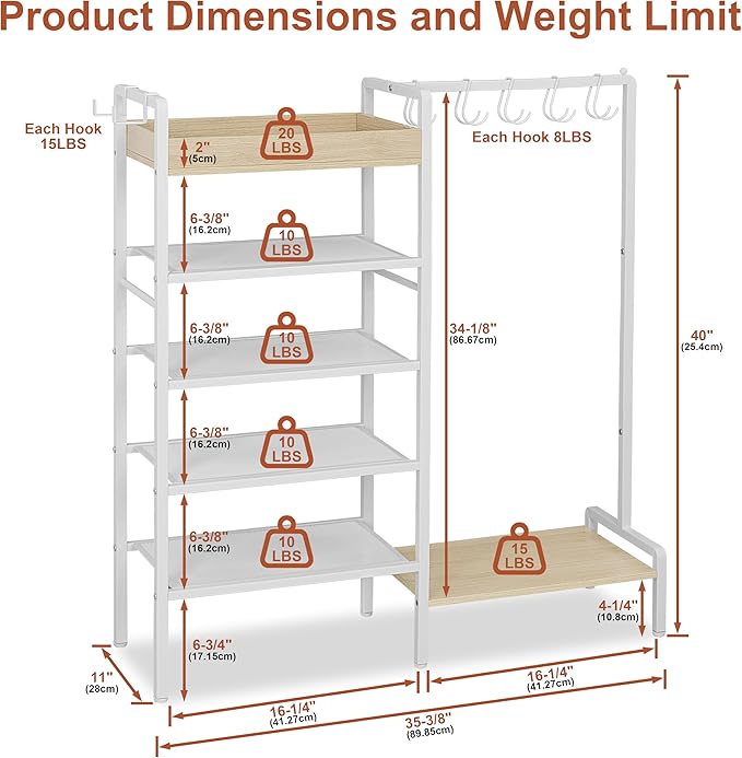 2-in-1 Shoe Rack for Closet with Purse Organizer, 5 Tier Shoes Shelf with Wooden Tray and Removable Shelves, Storage Organize