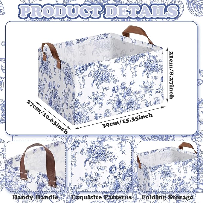 Boao 3 Pcs Blue Floral Storage Bin Wildflowers Collapsible Large Storage Baskets for Gifts Canvas Laundry Basket Foldable Box