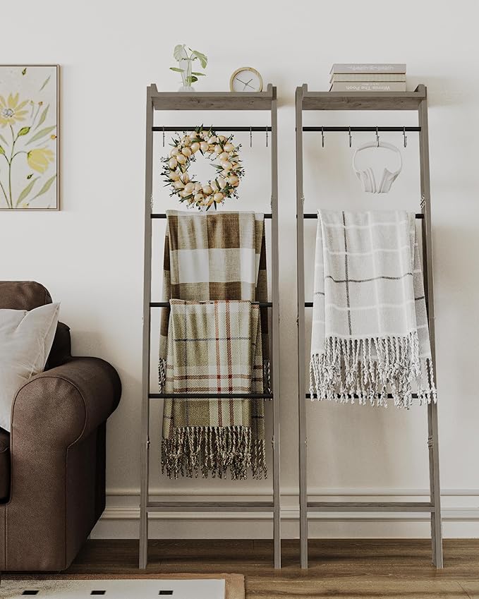 Hzuaneri Blanket Ladder Shelf, Decorative Quilt Rack, 6-Tier Farmhouse Ladder Holder Organizer with 4 Removable Hooks 7.9" D 
