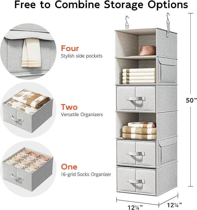 Vailando 6-Shelf Hanging Closet Organizer with 3 Drawers, Closet Hanging Shelves with Removable Fabric Drawers for Wardrobe, 