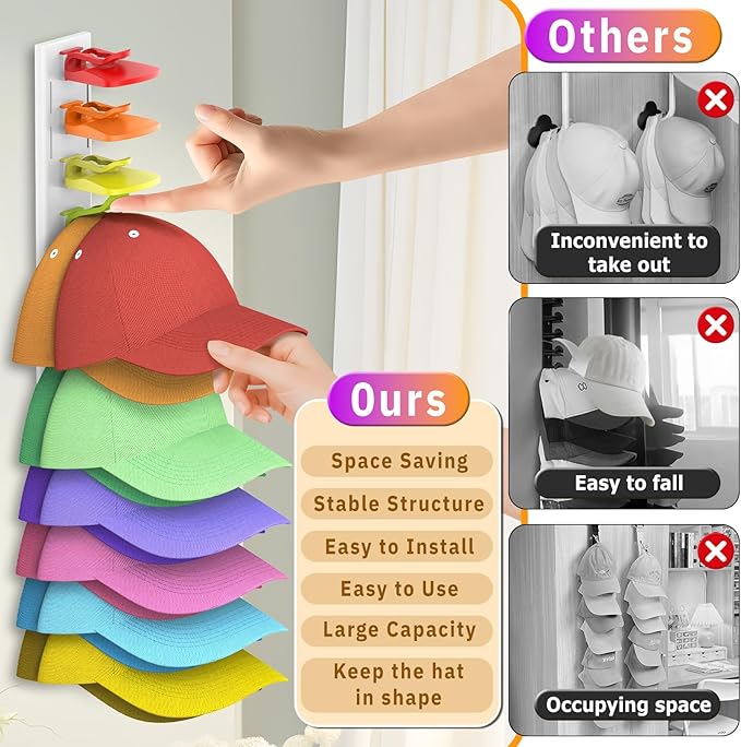 Volnamal Hat Organizer for Baseball Caps, 2 Pack Hold Up to 40 Hats, Hat Rack for Wall Space Saving, Hat Hanger w/Strong Adhe