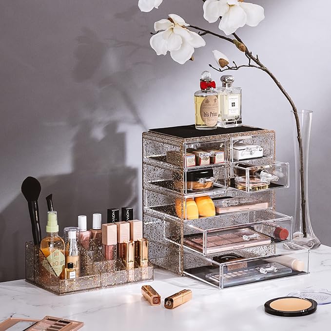 Sorbus Acrylic Makeup Organizer Set, 7-Drawer Vanity & Countertop Cosmetic Storage with Small & Wide Compartments, Glitter Ma