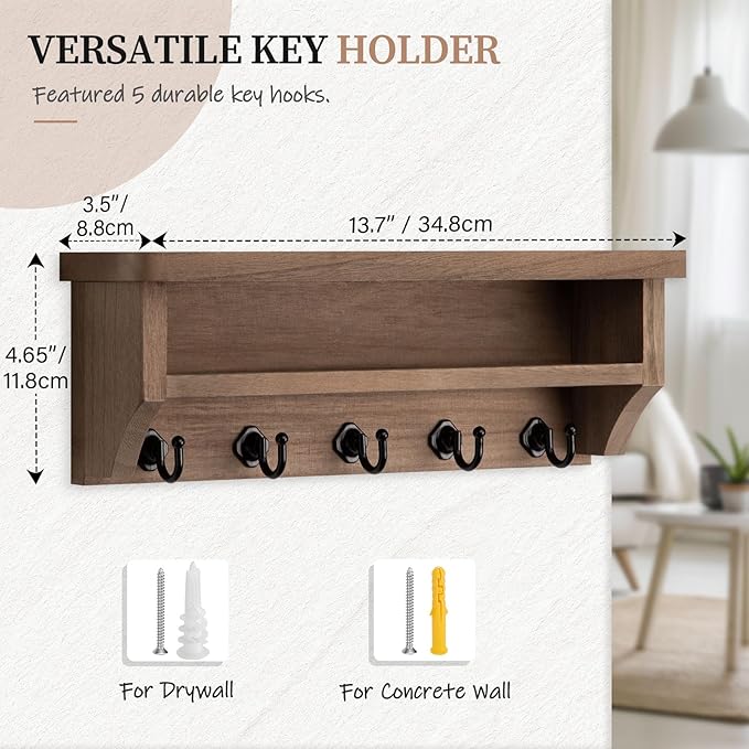 Nekon Key Holder Wall Mount, Wall Organizer Shelf with 5 Key Hooks, Room Decor for Home and Apartment Essentials, Brown