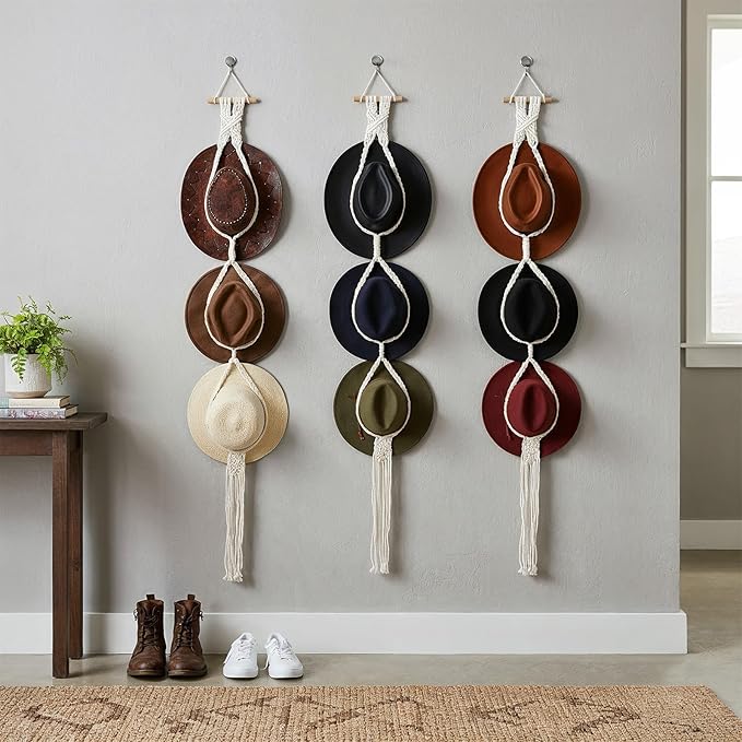 3 PCS Macrame Hat Hangers for Wall, Bohemian Hand Weaving Boho Hat Rack Organizer for Cowboy, Wide Brim, Bowler & Fedora Hats