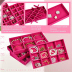 Junkin 12 Pcs Jewelry Tray Velvet Stackable Jewelry Organizer Trays Divided Earring Accessories Storage Containers Box (Rose 