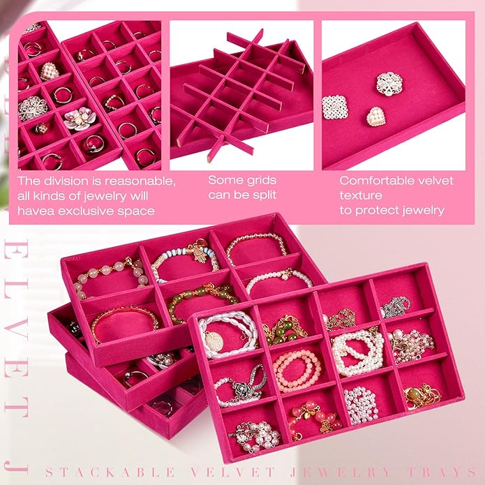 Junkin 12 Pcs Jewelry Tray Velvet Stackable Jewelry Organizer Trays Divided Earring Accessories Storage Containers Box (Rose 