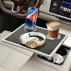 Car Food Tray & Car Table Tray with Car-Grade Aluminum Cup Holder & Phone Stand, Premium Wood with Leather Surface, 360° Rotating Car Desk for Laptop &Eating (Square, Black)