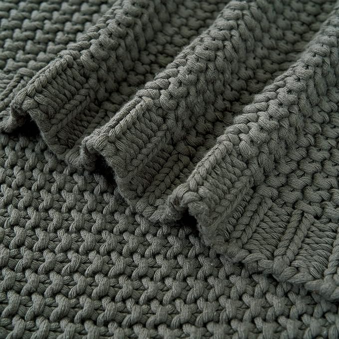 Chunky Cable Knit Throw Blanket Lightweight Grey 100% Organic Cotton Blanket for Sofa Couch Bed Baby Nursery, Rustic Shabby C