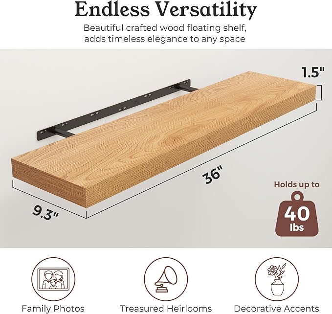 Floating Shelves for Wall, 9.3" Deep Wall Mounted Wood Shelves for Bathroom, Bedroom, Living Room, Kitchen, Hanging Shelf for