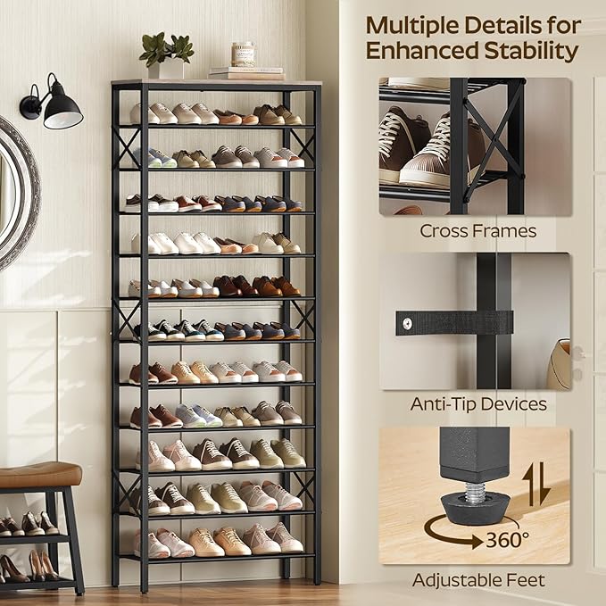 YATINEY 12 Tier Shoe Rack, Large Capacity Shoe Storage Organizer Holds 48 Pairs, Sturdy and Stable, for Entryway, Hallway, Cl