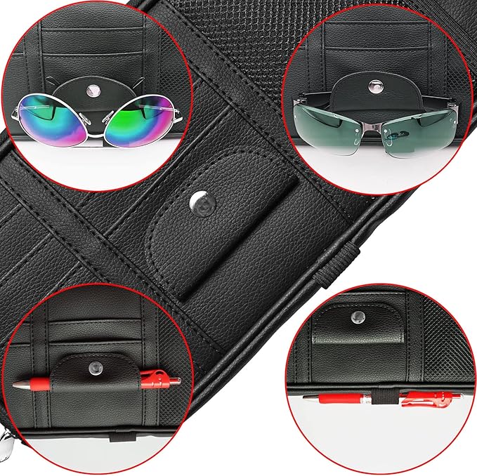 Car Sun Visor Organier Truck SUV Sun Visor Storage Pocket Pouch Holder, Multi-Pocket PU Leather with Zipper Net, for Cards Pens Sunglasses Document (Black)