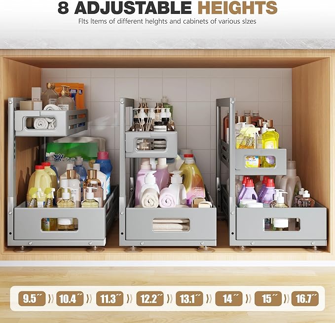 2 Pack 21IN-Depth Under Sink Organizer,Pull Out Cabinet Organizer With Smooth Cylindrical Rail,Metal Slide Out Drawer for Kit