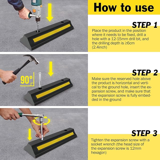 Pack of 2 Garage Parking Aid, 16.9'' Parking Stopper for Garage, Heavy Duty Rubber Garage Car Stopper with Reflective Yellow Tape Curb, Parking Gadgets Protects Garage Walls and Car