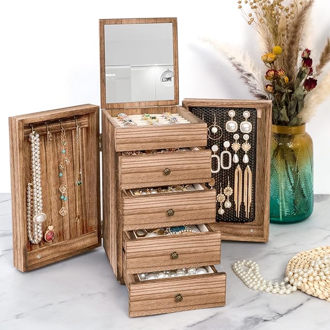Meangood Jewelry Box Wood for Women, 5-Layer Large Organizer Box with Mirror & 4 Drawers for Rings, Earrings, Necklaces, Vint
