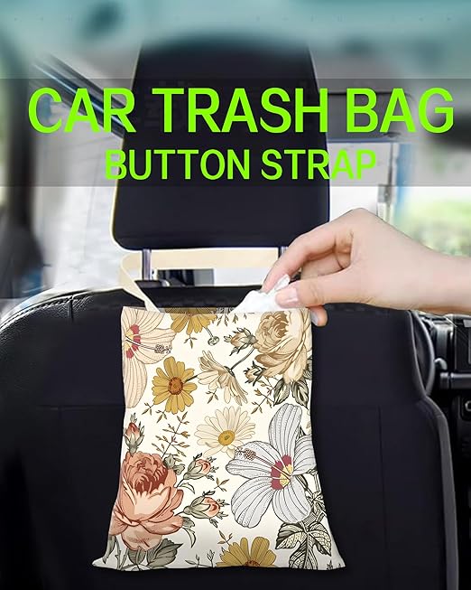 Car Trash Can, Durable Hanging Car Trash Garbage Bag, Cute Automotive Garbage Cans Organizer, Retro White Flowers