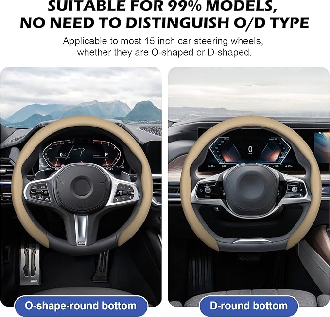 Frani Nappa Leather Steering Wheel Cover,Universal Fit 15 Inch-Premium Non-Slip Breathable Comfort Grip for Cars Trucks SUVs,Anti-Slip Durable Interior Upgrade Light Beige