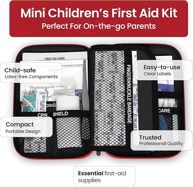 Small, First Aid and CPR Kit for children, toddler, and kids. Large Variety of Bandages to fit your childs injuries. Perfect 