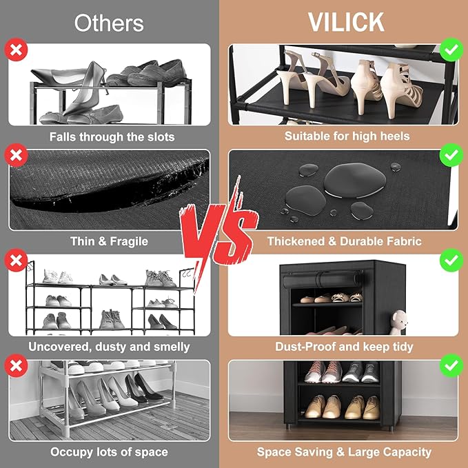 VILICK Shoe Rack with Cover Narrow Shoe Organizer with 4 Side Pockets 10 Tier Tall Shoe Storage Holds 18-22 Pairs Shoes and B