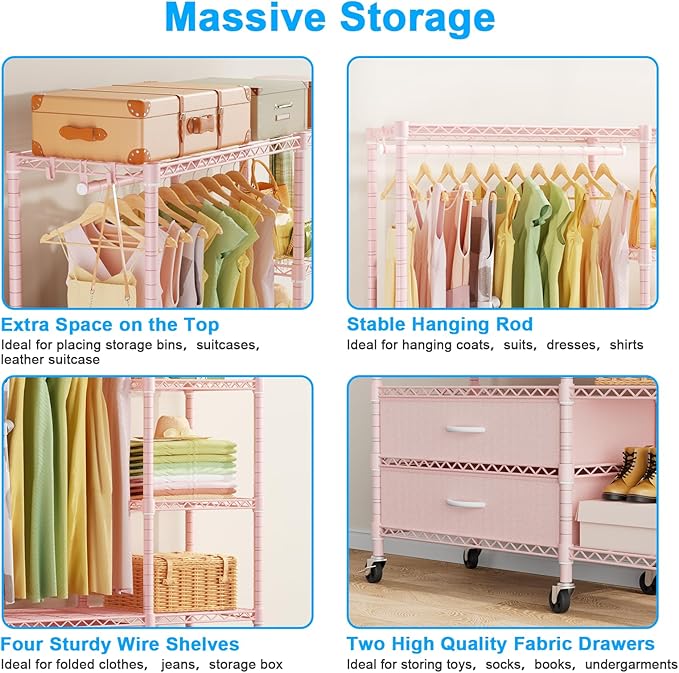 Ulif F3R Heavy Duty Clothes Rack（With Lockable Wheels）Freestanding Clothing Racks for Hanging Clothes，Adjustable Closet Organ