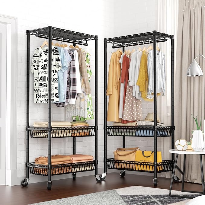 Heavy Duty Clothes Rack Rolling Garment Rack,3 Tier Adjustable Wire Shelving Clothing Racks for Hanging Clothes with Double R