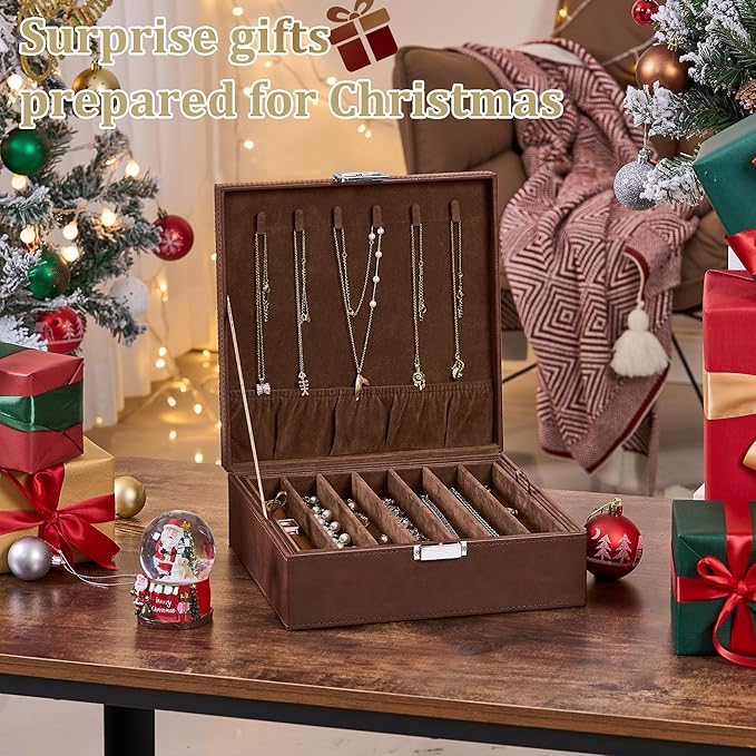 BEWISHOME Jewelry Boxes for Women, 2-Layer Necklace Organizer Box, Modern Style Jewelry Organizers and Storage with Removable