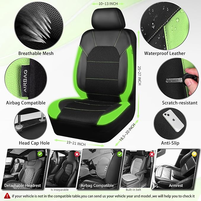 CAR PASS Leather Car Seat Covers Front Seats only, with Air Mesh Front Seat Covers Breathable, Cool Automotive Seat Covers 2 