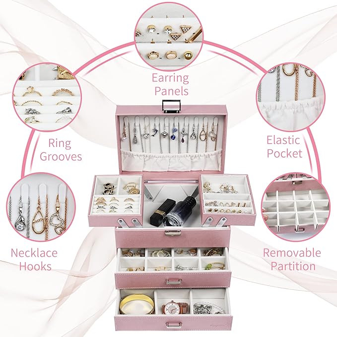 Dajasan Jewelry Boxes for Women Girls, Jewelry Storage Organizer, 4 Layers Large Jewelry Organizer Box with 2 Drawers for Fri