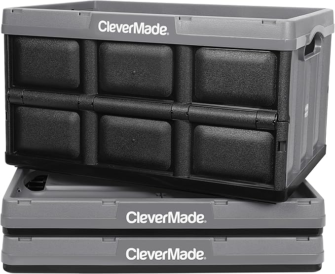 CleverMade Collapsible Storage Bins 46L (3-Pack) – Heavy Duty Collapsible Plastic Storage Bins, Stackable Folding Storage Bin