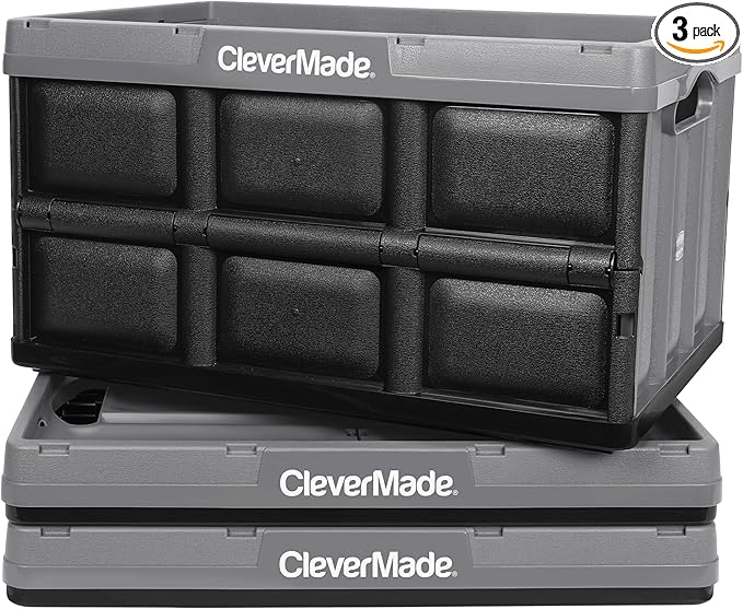 CleverMade Collapsible Storage Bins 62L (3-Pack) – Heavy Duty Collapsible Plastic Storage Bins, Large Stackable Folding Stora