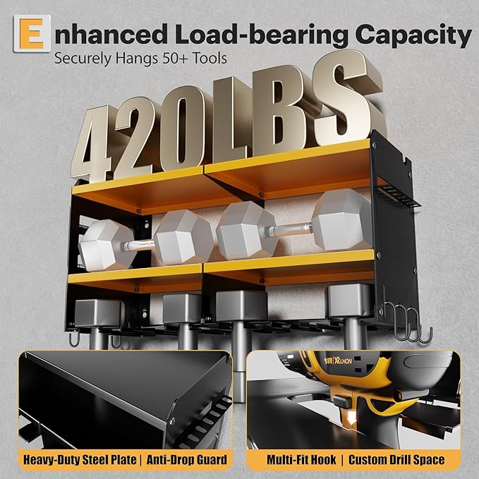 Spampur Large Power Tool Organizer Wall Mount with Charging Station, 3 Layer Heavy Duty Metal Tool Storage Rack Loads 420lbs 