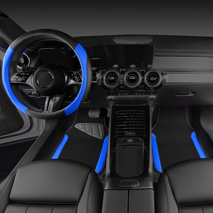 CAR PASS Faux Leather Steering Wheel Cover and Waterproof Car Floor Mats,Universal Car Combo Fit for 95% Sedan,SUV,Cars,14.5-15inch Sporty Anti-Slip Safety Comfortable Design(Black＆Bule)
