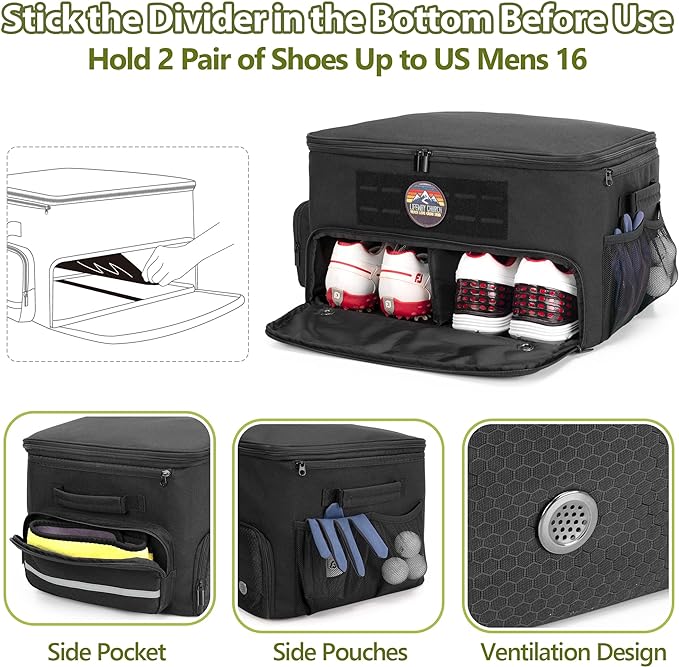 Golf Trunk Organizer Storage with Separate Compartment for 2 Pair Shoes Up to US Mens 16, Golf Car Locker Organizer for