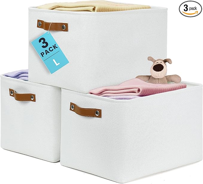 OrganiHaus Large Fabric Storage Baskets for Shelves 3 Pack, 15x11in Closet Storage Bins, Canvas Storage Bin for Organizing, C