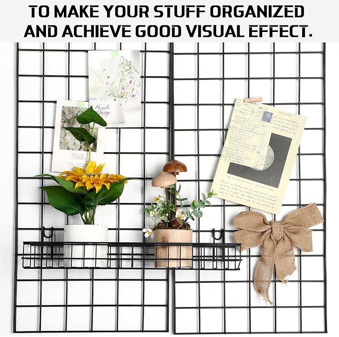 Blulu 4 Pcs 15.75 x 3.94 x 1.97 Inch Metal Grid Wall Baskets with Hooks Grid Wall Shelves Hanging Wire Basket Multi Function 
