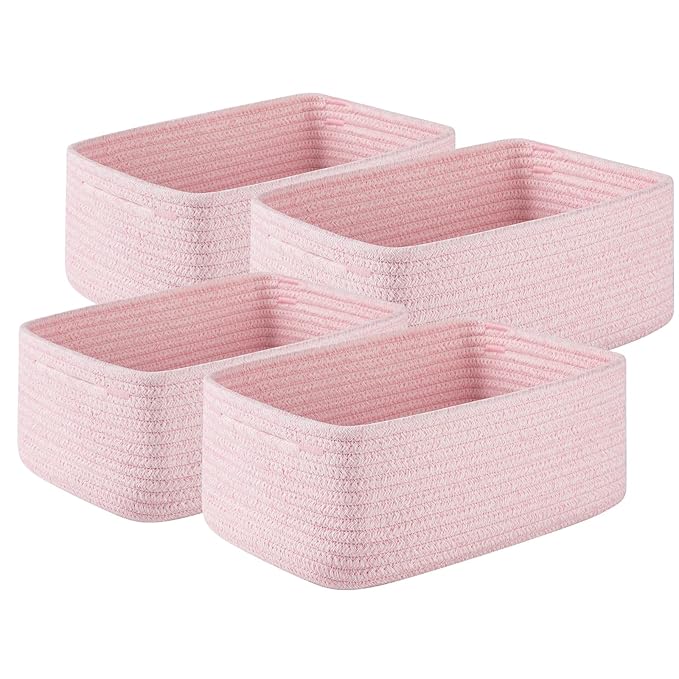 OIASKET 4 Pack Small Storage Shelf Baskets for Organizing, Mini Woven Rope Storage Bins for Towels, Cute Decorative Closet Or