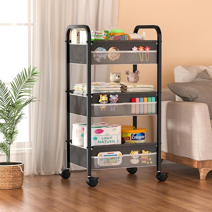 Baby Diaper Caddy Rolling Utility Cart, 3 Tier Baby Essentials Nursery Organizer and Storage with Dividers and Drawers for Cr