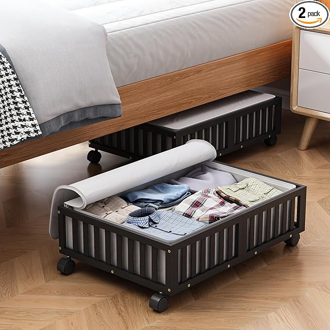 Bamboo Under Bed Storage Containers with Wheels, 2 Pack Under the Bed Shoe Storage Bins, Wood Rolling Underbed Drawers Organi