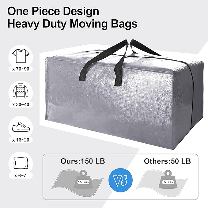 6 Pack Heavy Duty Extra Large Moving Bags W/Backpack Straps - Strong Handles & Zippers, Storage Totes For Space Saving, Fold 