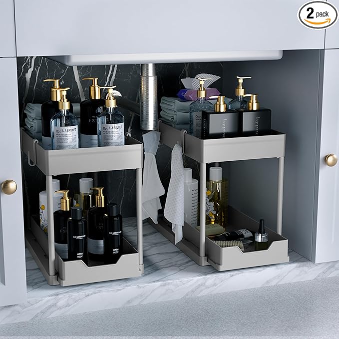 DEKAVA Under Sink Organizer 2 Pack，Bathroom Cabinet Organizer，2 Tier Sliding Cabinet Basket Organizer Drawer, Multi-Purpose B