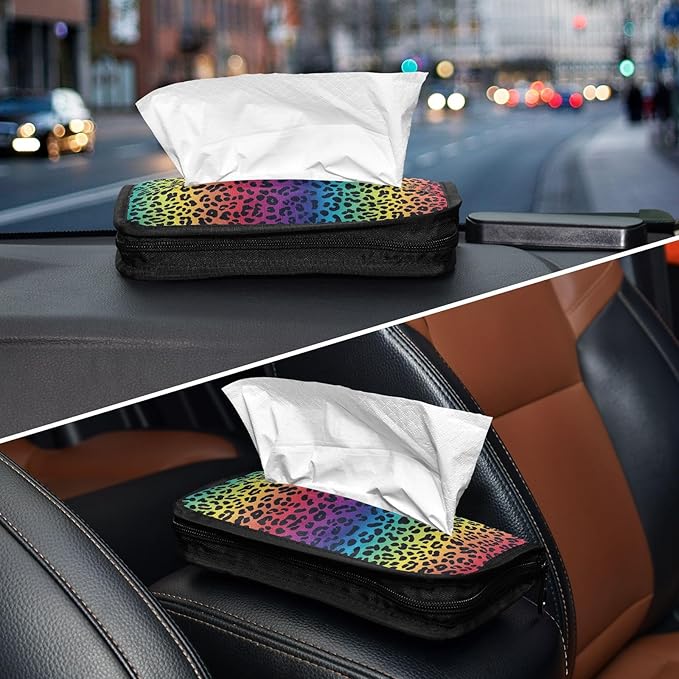 Car Tissue Holder Car Visor Organizer Tissue Box Holder for Car Sun Visor Organizer with Car Vehicle Accessories Essentials Interior for Women Men Rainbow Leopard Print