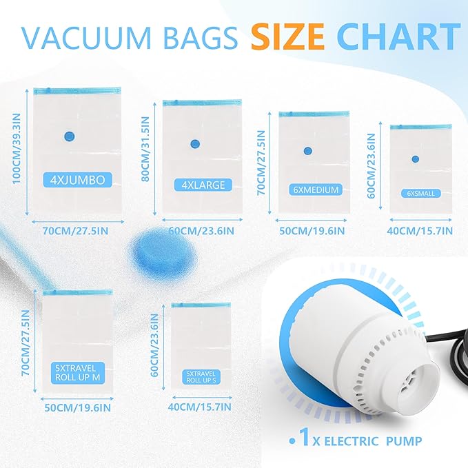 Vacuum Storage Bags with Electric Air Pump, 30 Pack Compression Bag, Space Saving Vacuum Sealer Bags for Clothes, Blanket, Du