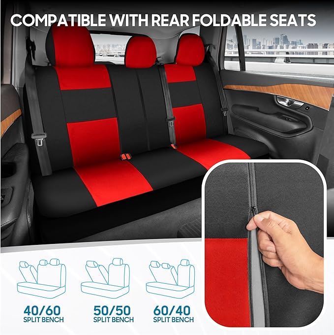 BDK PolyPro Car Seat Covers Full Set in Red on Black – Front and Rear Split Bench Seat Covers, Easy to Install, Accessories f