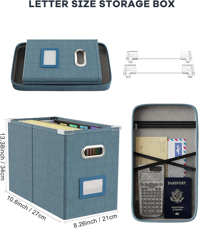Oterri File Organizer Box with Lid, Hanging Filing File Box with Mesh Pocket, Document Organizer Box for Letter Files, Portab