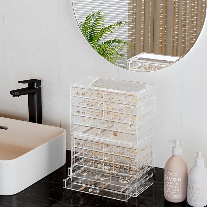 ProCase Acrylic Earrings Holder Organizer Box, Large Clear Earring Jewelry Storage Transparent Stackable Drawers Jewelry Disp