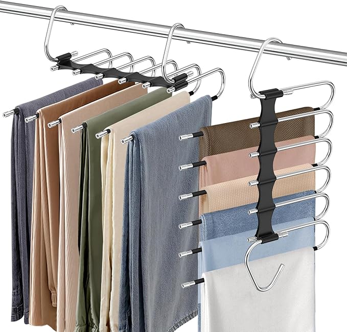 Upgrade 6 Layers Pants Hangers Space Saving, 2 Pack Stainless Steel Multifunctional Rack Non Slip S-Type Pant Closet Organize