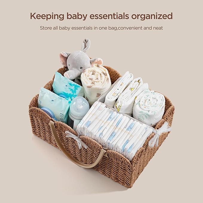 HBlife Large Baby Diaper Caddy, Paper Rope Storage Baskets Nursery Bin with Removable Divider, Portable Car Organizer for Dia